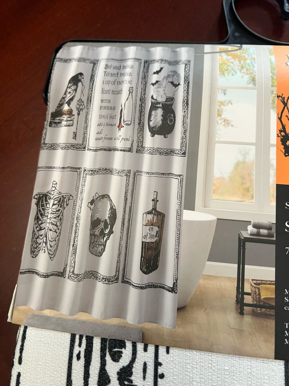 Gray Halloween Shower Curtain with Skull & Potion Prints - Picture 5 of 5